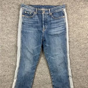 7 For All Mankind Button Fly Cropped Jeans Women's 29 Blue Side Stripe Raw Hem